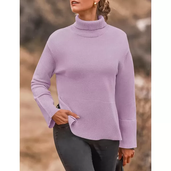 imageZESICA Womens 2024 Winter Sweaters Turtleneck Long Sleeve Oversized Split Hem Knitted Pullover Jumper Sweater TopsPurple