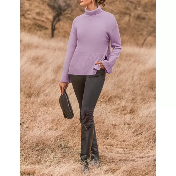 imageZESICA Womens 2024 Winter Sweaters Turtleneck Long Sleeve Oversized Split Hem Knitted Pullover Jumper Sweater TopsPurple