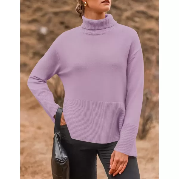 imageZESICA Womens 2024 Winter Sweaters Turtleneck Long Sleeve Oversized Split Hem Knitted Pullover Jumper Sweater TopsPurple