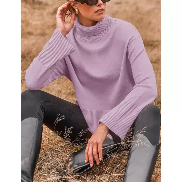 imageZESICA Womens 2024 Winter Sweaters Turtleneck Long Sleeve Oversized Split Hem Knitted Pullover Jumper Sweater TopsPurple