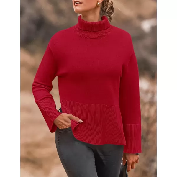imageZESICA Womens 2024 Winter Sweaters Turtleneck Long Sleeve Oversized Split Hem Knitted Pullover Jumper Sweater TopsRed