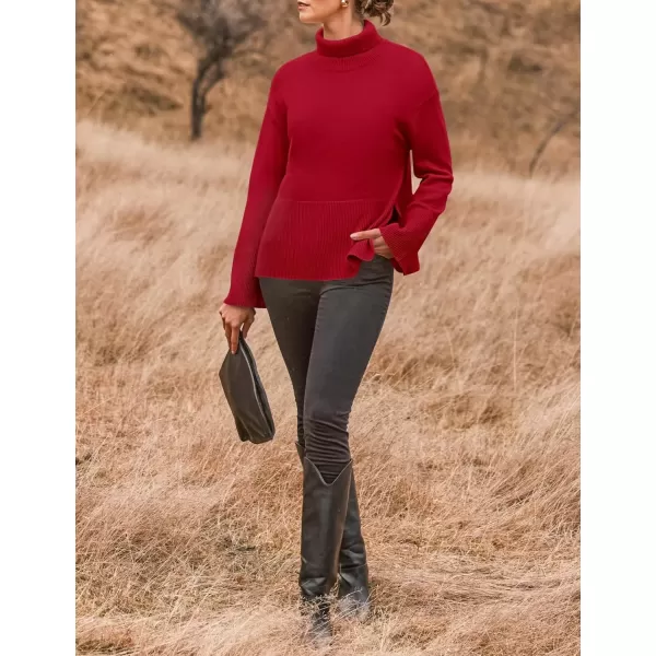 imageZESICA Womens 2024 Winter Sweaters Turtleneck Long Sleeve Oversized Split Hem Knitted Pullover Jumper Sweater TopsRed
