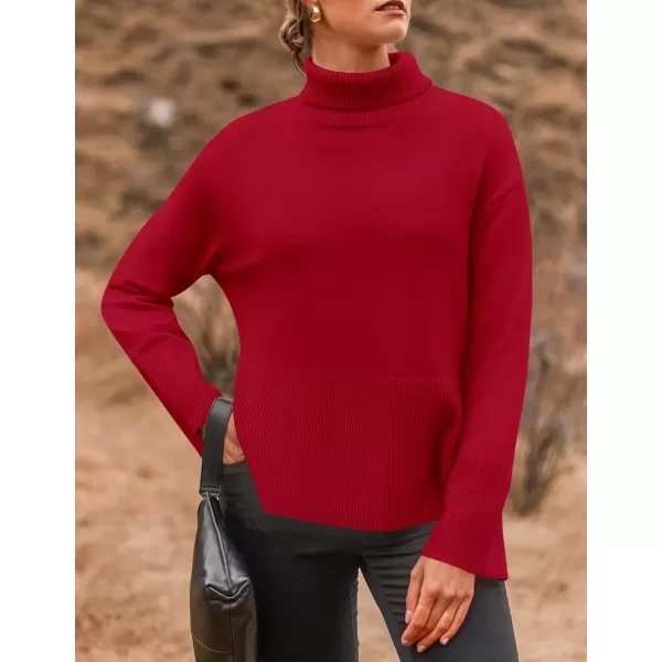 imageZESICA Womens 2024 Winter Sweaters Turtleneck Long Sleeve Oversized Split Hem Knitted Pullover Jumper Sweater TopsRed