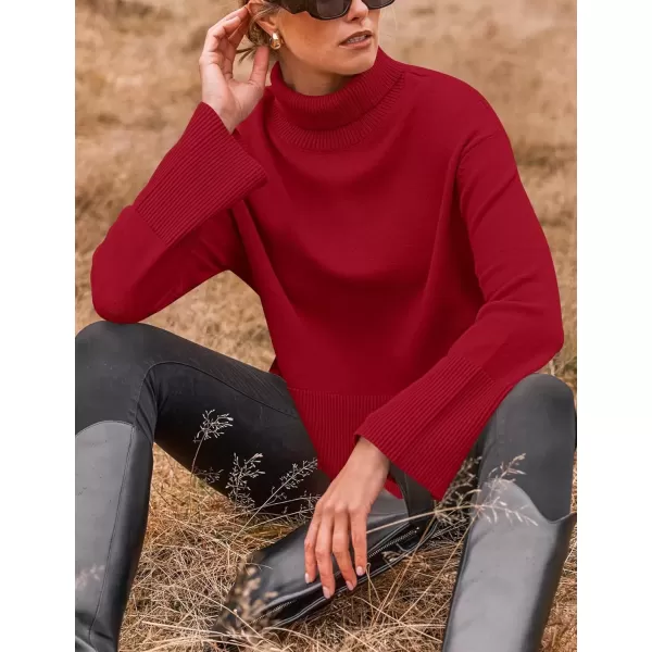 imageZESICA Womens 2024 Winter Sweaters Turtleneck Long Sleeve Oversized Split Hem Knitted Pullover Jumper Sweater TopsRed