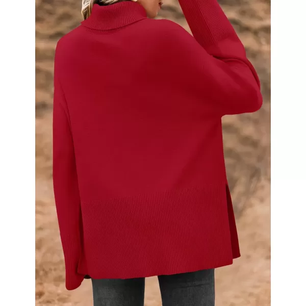 imageZESICA Womens 2024 Winter Sweaters Turtleneck Long Sleeve Oversized Split Hem Knitted Pullover Jumper Sweater TopsRed