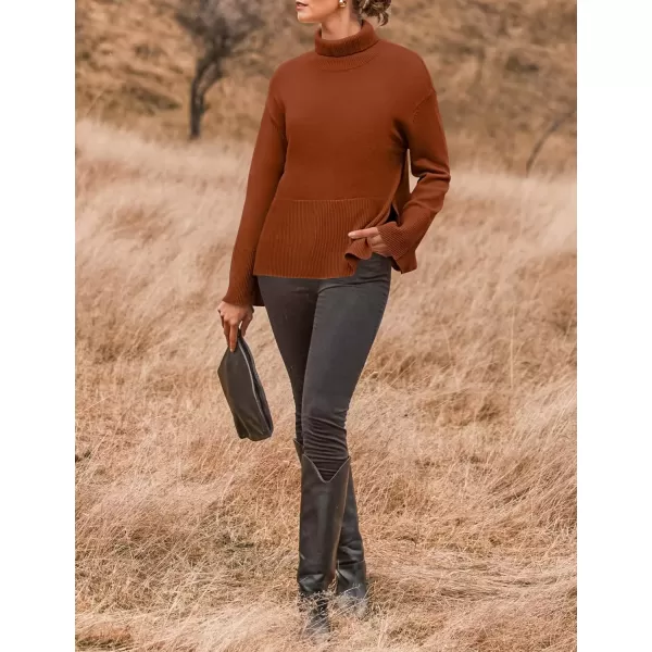 imageZESICA Womens 2024 Winter Sweaters Turtleneck Long Sleeve Oversized Split Hem Knitted Pullover Jumper Sweater TopsRust