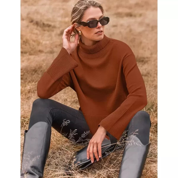 imageZESICA Womens 2024 Winter Sweaters Turtleneck Long Sleeve Oversized Split Hem Knitted Pullover Jumper Sweater TopsRust