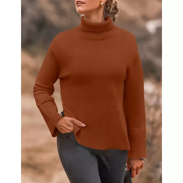 imageZESICA Womens 2024 Winter Sweaters Turtleneck Long Sleeve Oversized Split Hem Knitted Pullover Jumper Sweater TopsRust
