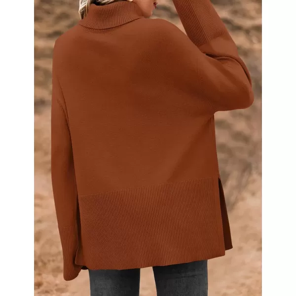 imageZESICA Womens 2024 Winter Sweaters Turtleneck Long Sleeve Oversized Split Hem Knitted Pullover Jumper Sweater TopsRust