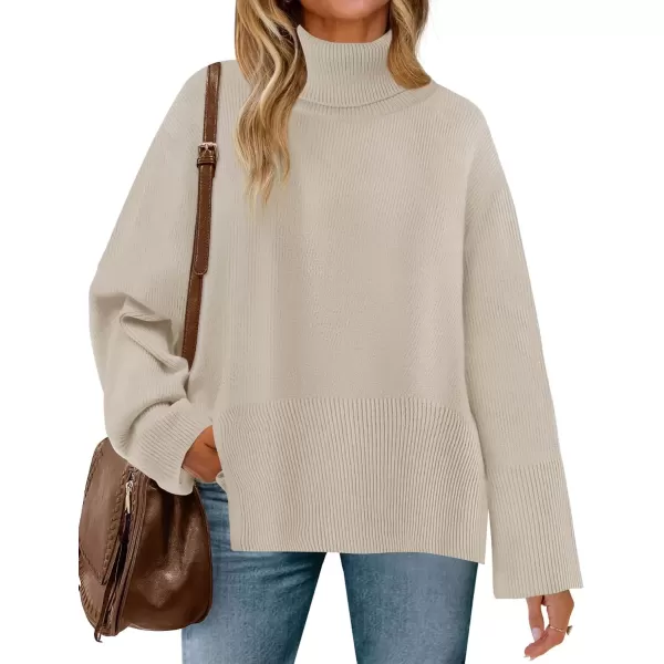 imageZESICA Womens 2024 Winter Sweaters Turtleneck Long Sleeve Oversized Split Hem Knitted Pullover Jumper Sweater TopsSand
