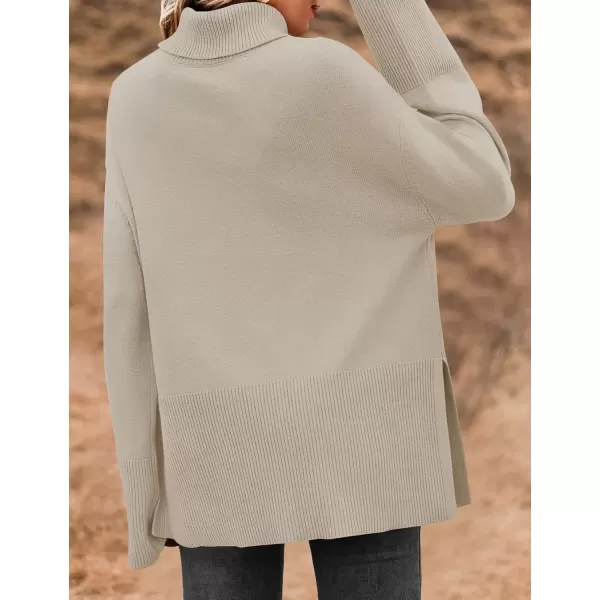imageZESICA Womens 2024 Winter Sweaters Turtleneck Long Sleeve Oversized Split Hem Knitted Pullover Jumper Sweater TopsSand