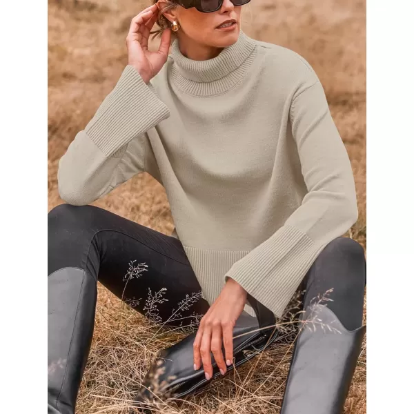 imageZESICA Womens 2024 Winter Sweaters Turtleneck Long Sleeve Oversized Split Hem Knitted Pullover Jumper Sweater TopsSand