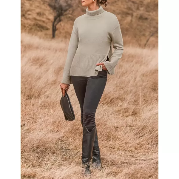 imageZESICA Womens 2024 Winter Sweaters Turtleneck Long Sleeve Oversized Split Hem Knitted Pullover Jumper Sweater TopsSand