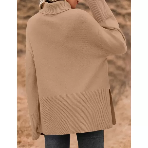 imageZESICA Womens 2024 Winter Sweaters Turtleneck Long Sleeve Oversized Split Hem Knitted Pullover Jumper Sweater TopsToffee
