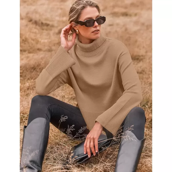 imageZESICA Womens 2024 Winter Sweaters Turtleneck Long Sleeve Oversized Split Hem Knitted Pullover Jumper Sweater TopsToffee