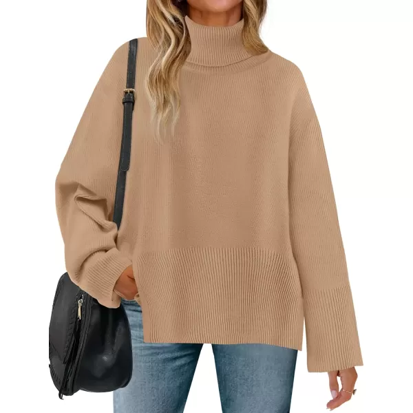 imageZESICA Womens 2024 Winter Sweaters Turtleneck Long Sleeve Oversized Split Hem Knitted Pullover Jumper Sweater TopsToffee