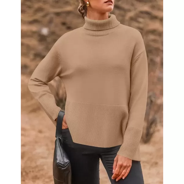 imageZESICA Womens 2024 Winter Sweaters Turtleneck Long Sleeve Oversized Split Hem Knitted Pullover Jumper Sweater TopsToffee