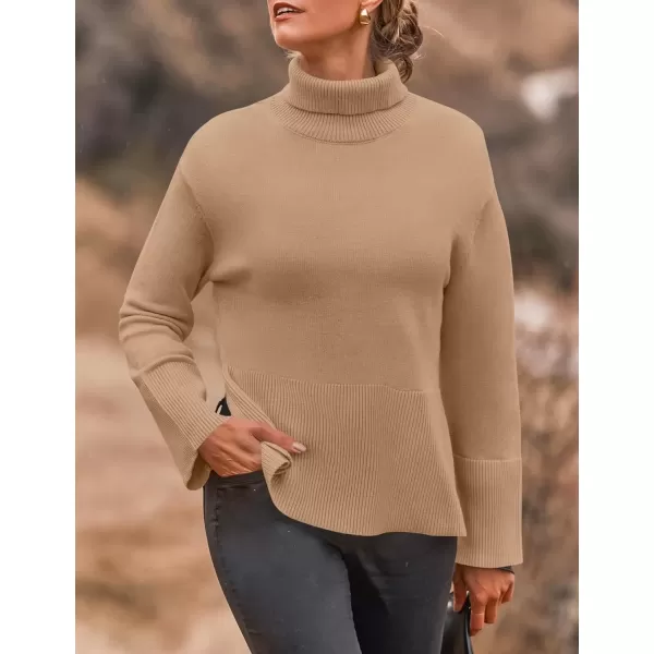 imageZESICA Womens 2024 Winter Sweaters Turtleneck Long Sleeve Oversized Split Hem Knitted Pullover Jumper Sweater TopsToffee