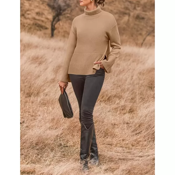 imageZESICA Womens 2024 Winter Sweaters Turtleneck Long Sleeve Oversized Split Hem Knitted Pullover Jumper Sweater TopsToffee