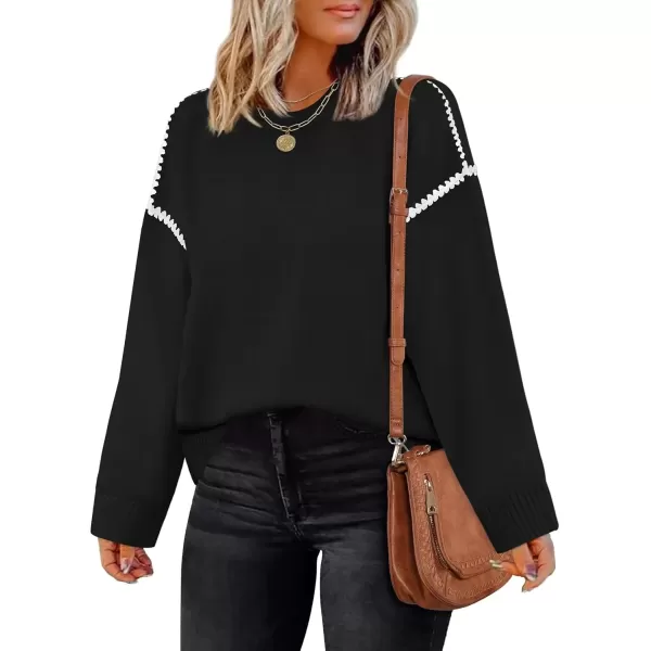 imageZESICA Womens Fall Long Sleeve Oversized Sweaters 2024 Casual Crew Neck Loose Fit Ribbed Knit Color Block Soft Pullover TopsBlack
