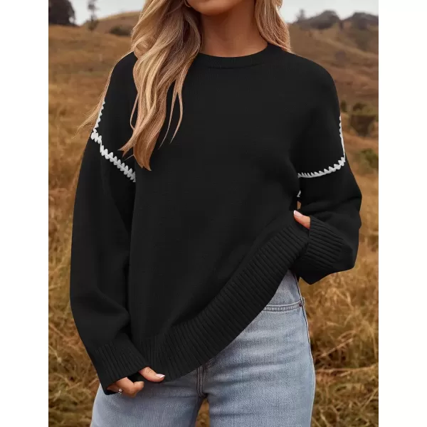 imageZESICA Womens Fall Long Sleeve Oversized Sweaters 2024 Casual Crew Neck Loose Fit Ribbed Knit Color Block Soft Pullover TopsBlack