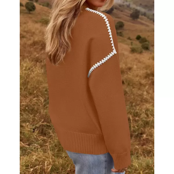 imageZESICA Womens Fall Long Sleeve Oversized Sweaters 2024 Casual Crew Neck Loose Fit Ribbed Knit Color Block Soft Pullover TopsCamel