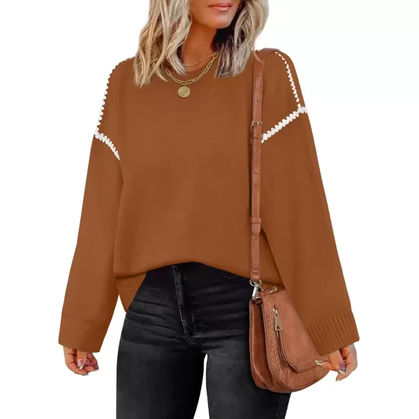 imageZESICA Womens Fall Long Sleeve Oversized Sweaters 2024 Casual Crew Neck Loose Fit Ribbed Knit Color Block Soft Pullover TopsCamel