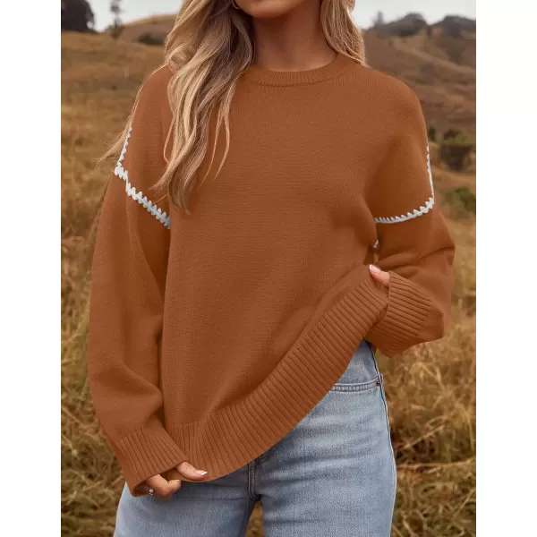 imageZESICA Womens Fall Long Sleeve Oversized Sweaters 2024 Casual Crew Neck Loose Fit Ribbed Knit Color Block Soft Pullover TopsCamel