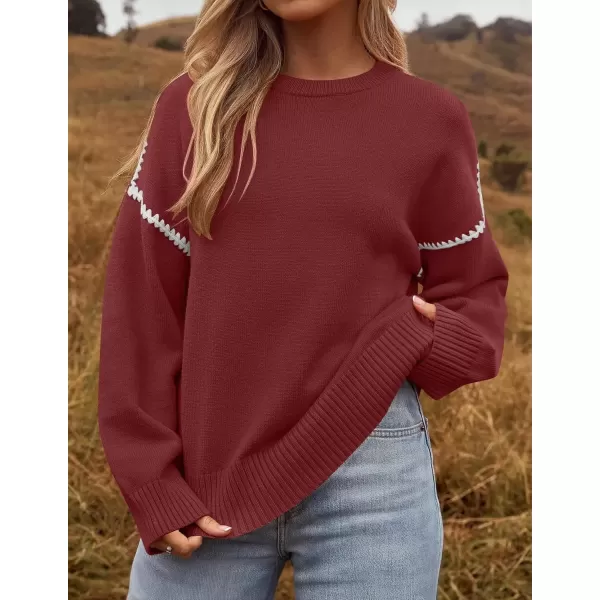 imageZESICA Womens Fall Long Sleeve Oversized Sweaters 2024 Casual Crew Neck Loose Fit Ribbed Knit Color Block Soft Pullover TopsDark Red
