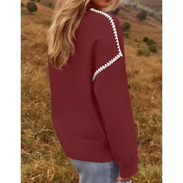 imageZESICA Womens Fall Long Sleeve Oversized Sweaters 2024 Casual Crew Neck Loose Fit Ribbed Knit Color Block Soft Pullover TopsDark Red