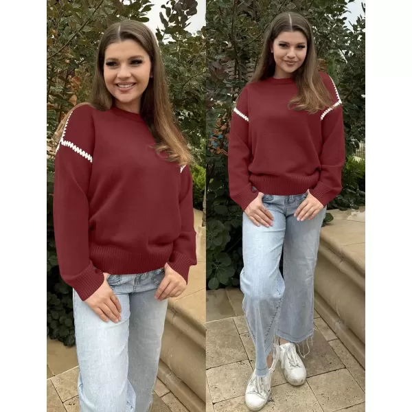 imageZESICA Womens Fall Long Sleeve Oversized Sweaters 2024 Casual Crew Neck Loose Fit Ribbed Knit Color Block Soft Pullover TopsDark Red