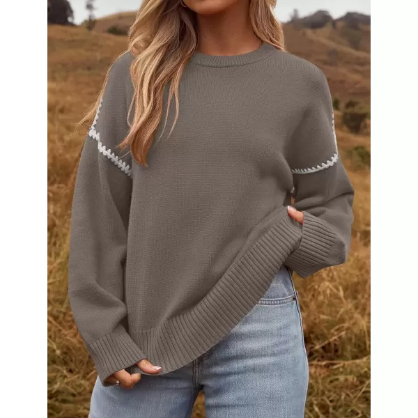 imageZESICA Womens Fall Long Sleeve Oversized Sweaters 2024 Casual Crew Neck Loose Fit Ribbed Knit Color Block Soft Pullover TopsGray Taupe