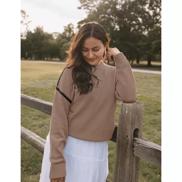 imageZESICA Womens Fall Long Sleeve Oversized Sweaters 2024 Casual Crew Neck Loose Fit Ribbed Knit Color Block Soft Pullover TopsKhaki