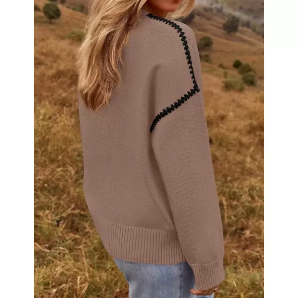 imageZESICA Womens Fall Long Sleeve Oversized Sweaters 2024 Casual Crew Neck Loose Fit Ribbed Knit Color Block Soft Pullover TopsKhaki