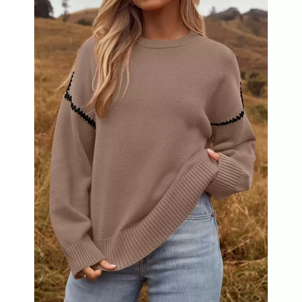 imageZESICA Womens Fall Long Sleeve Oversized Sweaters 2024 Casual Crew Neck Loose Fit Ribbed Knit Color Block Soft Pullover TopsKhaki