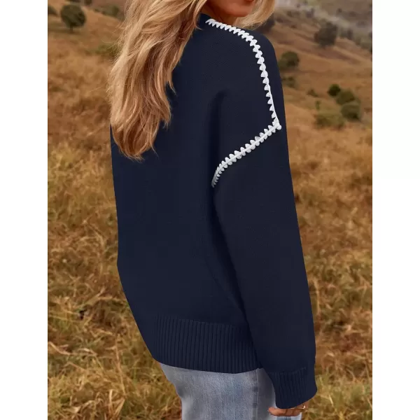 imageZESICA Womens Fall Long Sleeve Oversized Sweaters 2024 Casual Crew Neck Loose Fit Ribbed Knit Color Block Soft Pullover TopsNavy