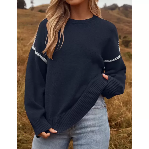 imageZESICA Womens Fall Long Sleeve Oversized Sweaters 2024 Casual Crew Neck Loose Fit Ribbed Knit Color Block Soft Pullover TopsNavy