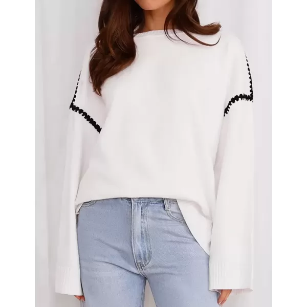 imageZESICA Womens Fall Long Sleeve Oversized Sweaters 2024 Casual Crew Neck Loose Fit Ribbed Knit Color Block Soft Pullover TopsWhite