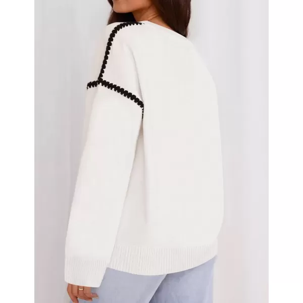 imageZESICA Womens Fall Long Sleeve Oversized Sweaters 2024 Casual Crew Neck Loose Fit Ribbed Knit Color Block Soft Pullover TopsWhite