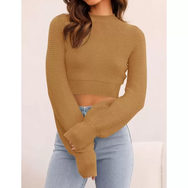 imageZESICA Womens Fall Mock Neck Cropped Sweater 2024 Long Sleeve Soft Ribbed Knit Pullover Jumper TopsCamel
