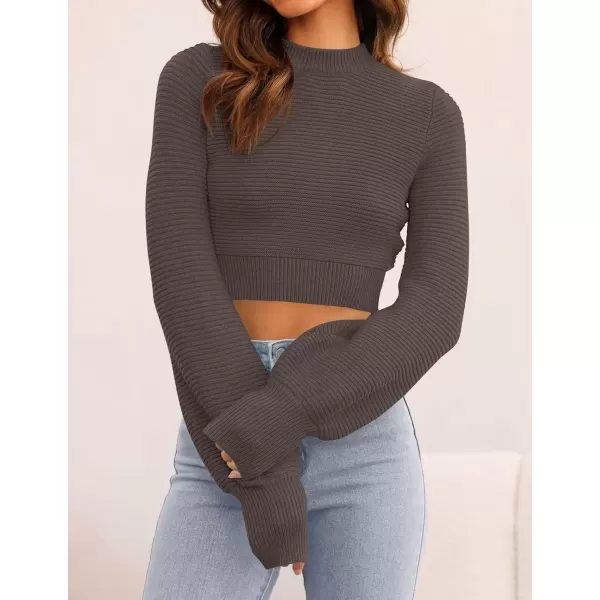 imageZESICA Womens Fall Mock Neck Cropped Sweater 2024 Long Sleeve Soft Ribbed Knit Pullover Jumper TopsNutmeg