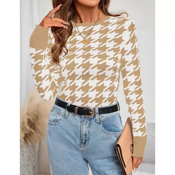 imageZESICA Womens Fall Sweaters Long Sleeve Crewneck Color Block Knit Slim Fitted Pullover TopsLight Khaki
