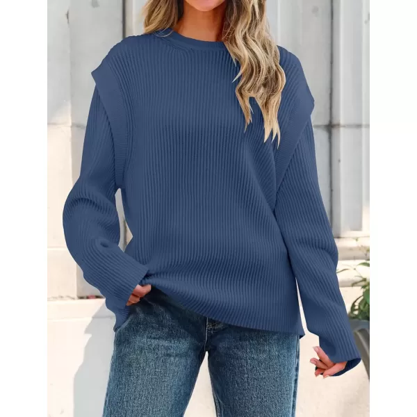 imageZESICA Womens Oversized Long Sleeve Crew Neck Sweaters Ribbed Knit Tops 2024 Casual Fall Pullover SweaterDark Blue