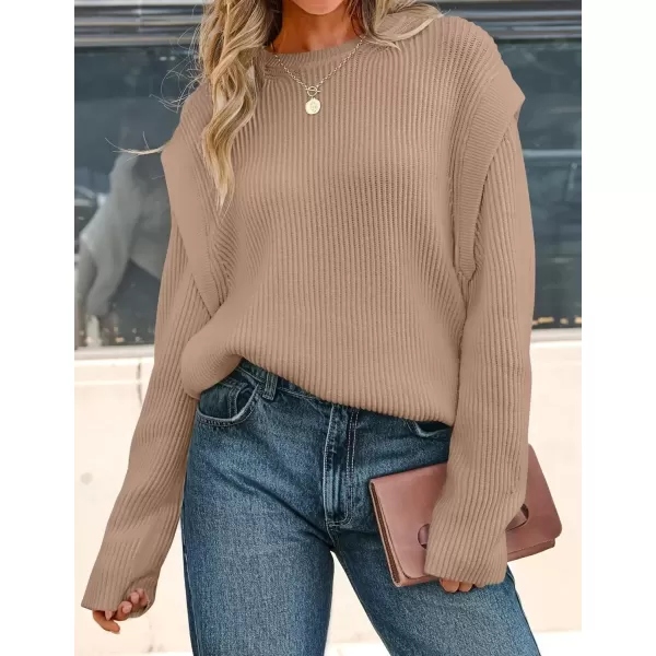 imageZESICA Womens Oversized Long Sleeve Crew Neck Sweaters Ribbed Knit Tops 2024 Casual Fall Pullover SweaterKhaki