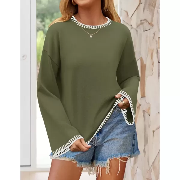 imageZESICA Womens Oversized Long Sleeve Sweaters 2024 Fall Crewneck Color Block Loose Ribbed Knit Pullover TopsArmygreen