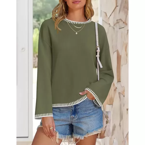 imageZESICA Womens Oversized Long Sleeve Sweaters 2024 Fall Crewneck Color Block Loose Ribbed Knit Pullover TopsArmygreen