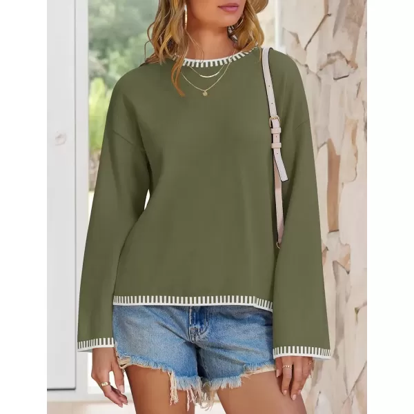 imageZESICA Womens Oversized Long Sleeve Sweaters 2024 Fall Crewneck Color Block Loose Ribbed Knit Pullover TopsArmygreen