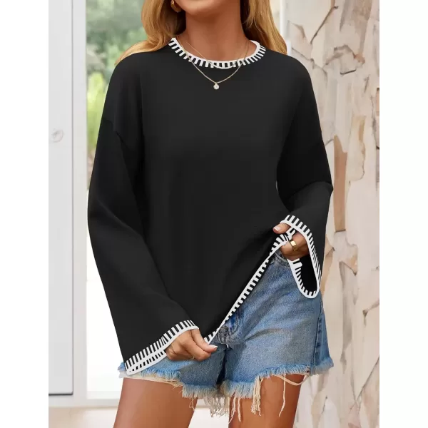 imageZESICA Womens Oversized Long Sleeve Sweaters 2024 Fall Crewneck Color Block Loose Ribbed Knit Pullover TopsBlack