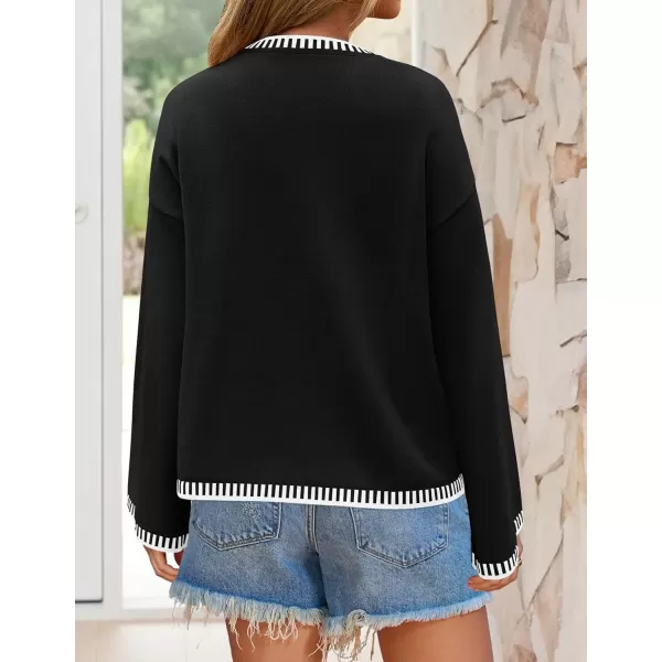 imageZESICA Womens Oversized Long Sleeve Sweaters 2024 Fall Crewneck Color Block Loose Ribbed Knit Pullover TopsBlack