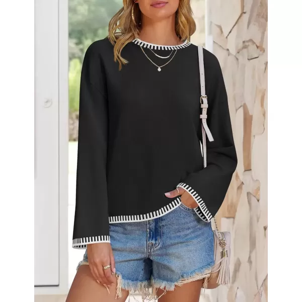 imageZESICA Womens Oversized Long Sleeve Sweaters 2024 Fall Crewneck Color Block Loose Ribbed Knit Pullover TopsBlack